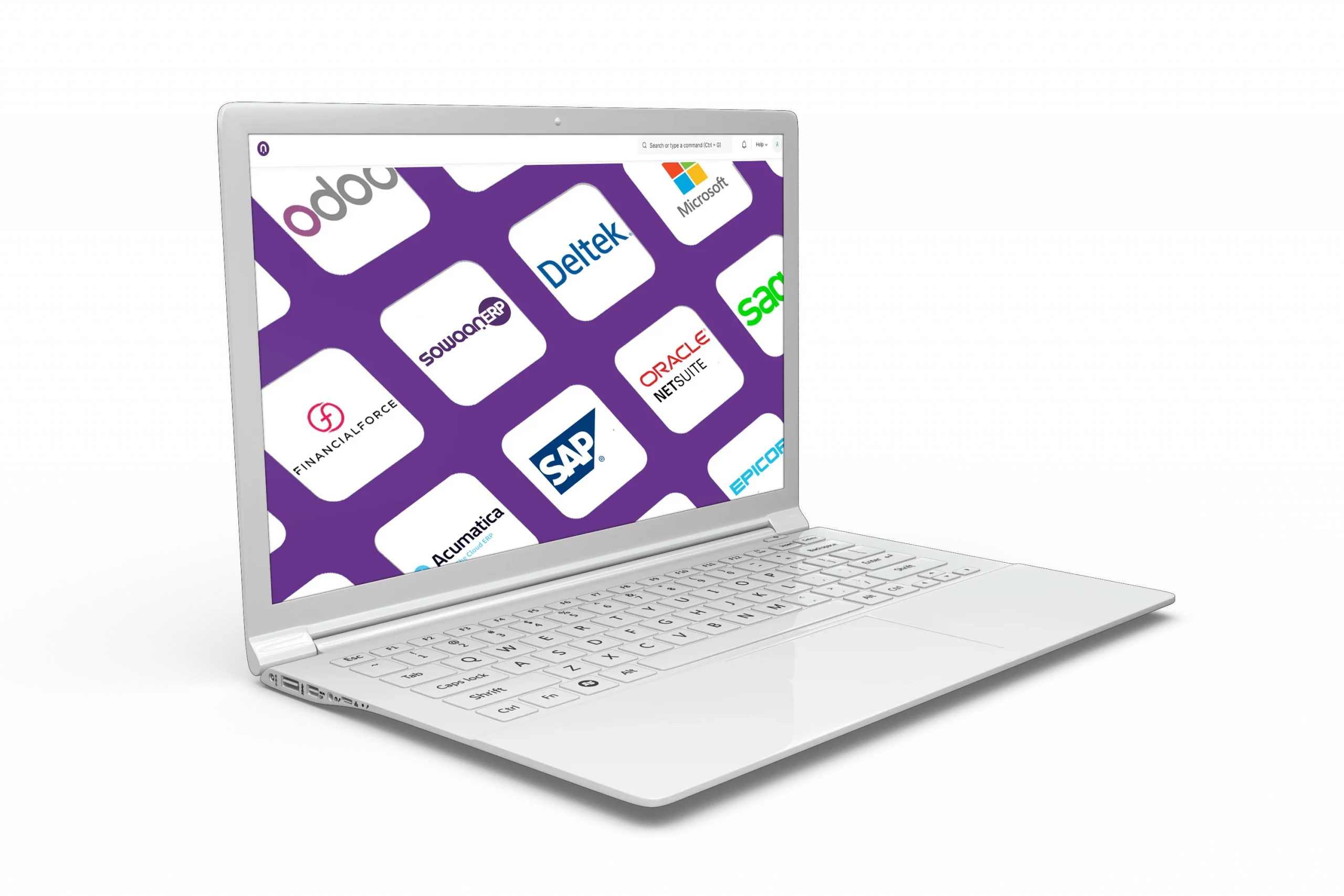 The image with a laptop with a display featuring the logos of various Enterprise Resource Planning (ERP) software companies.