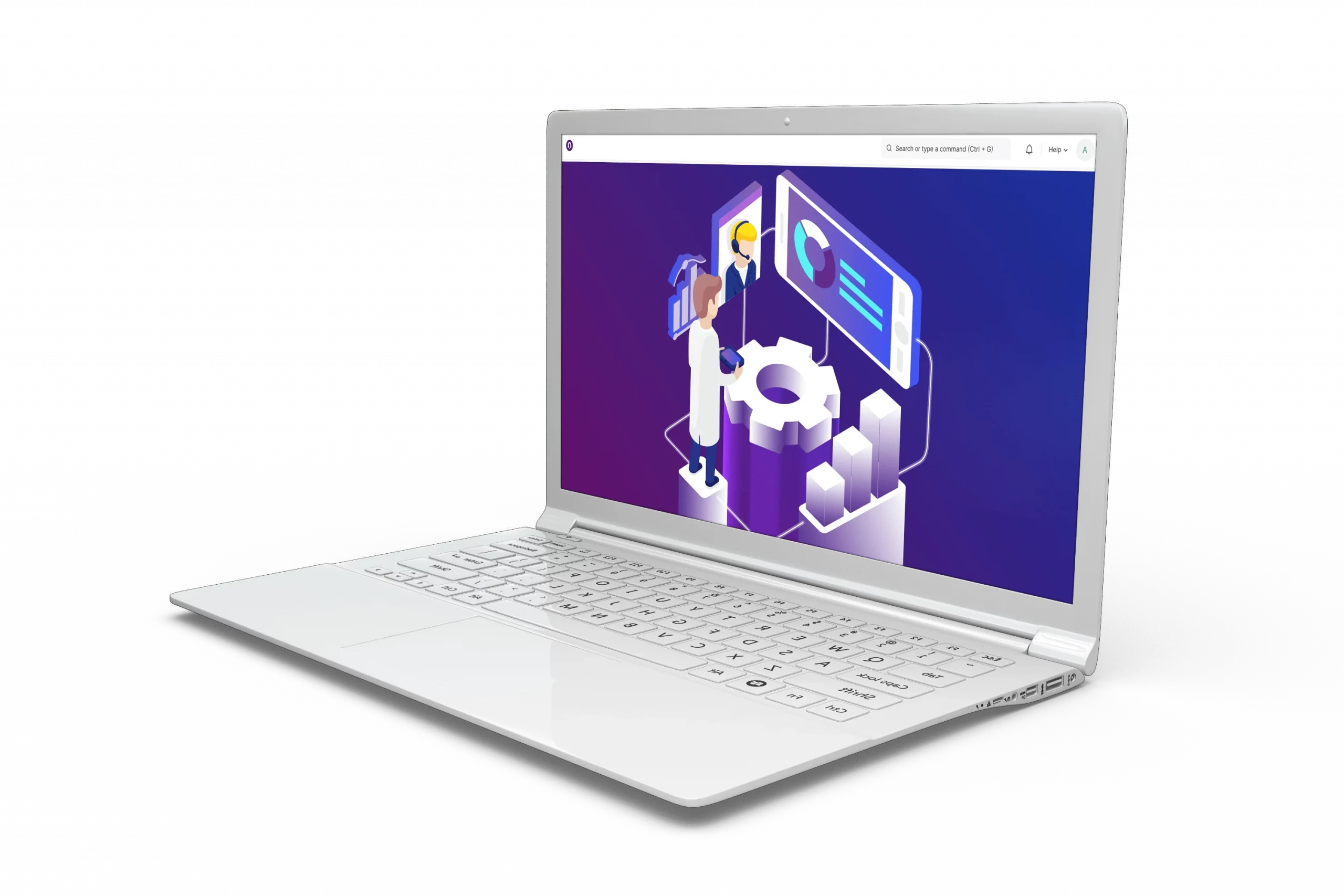The image with a white laptop with a blank keyboard and a stylized graphic on the screen.