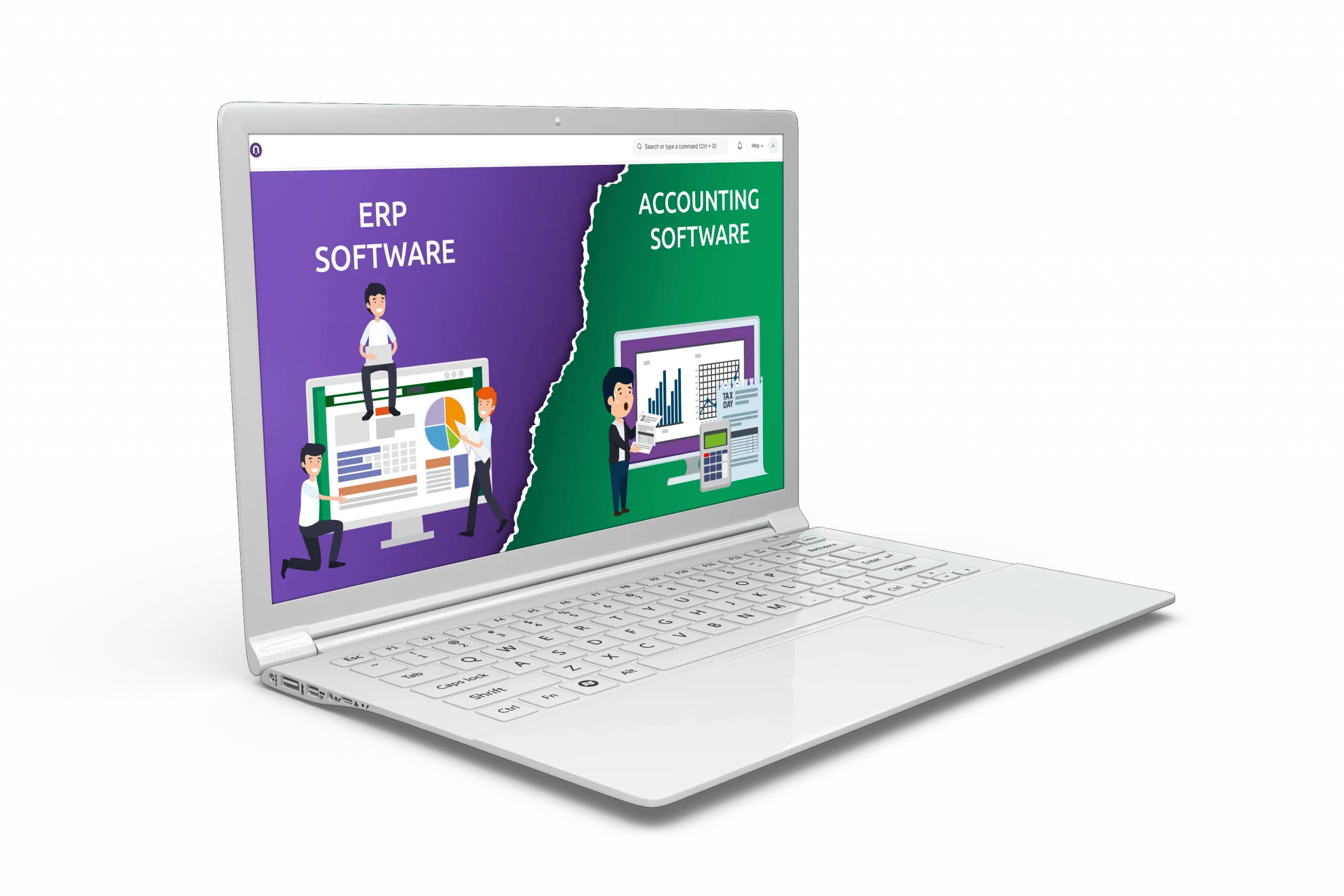 A graphical representation on a laptop screen comparing Enterprise Resource Planning (ERP) software and accounting software.