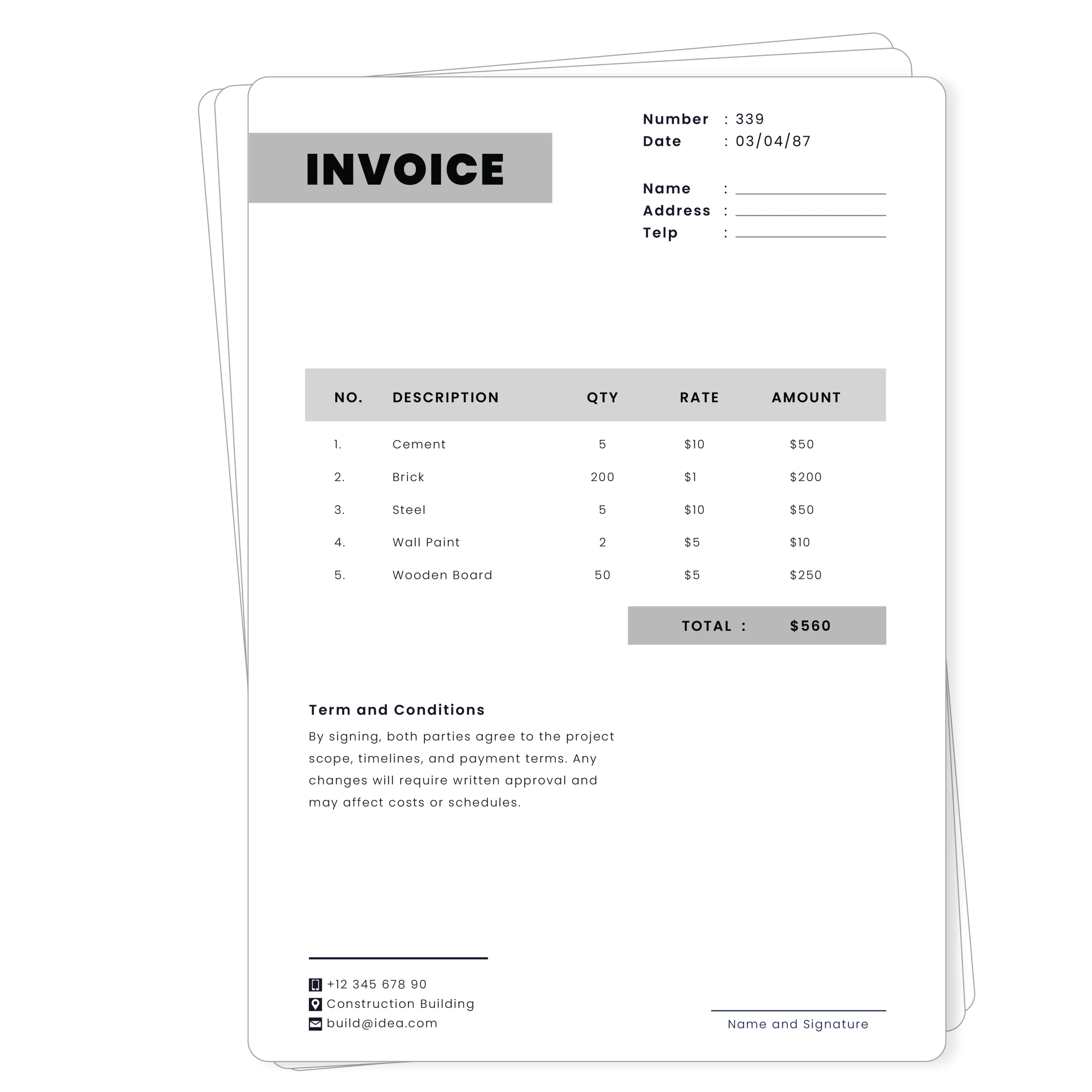 An invoice for construction materials. The invoice details the quantity, rate, and amount for various items, including cement, brick, steel, wall paint, and wooden board.