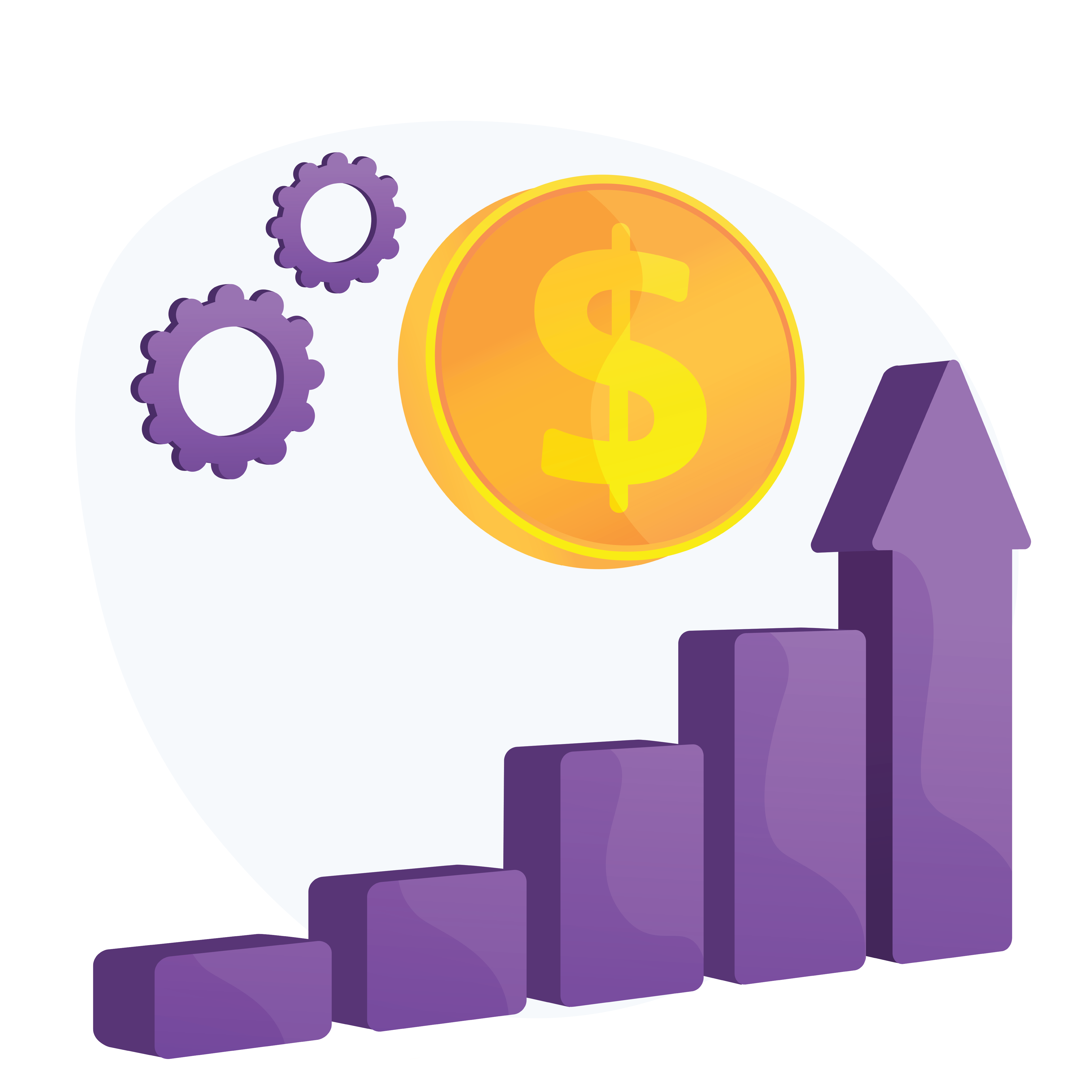Illustration of a purple bar graph with an upward arrow, symbolizing growth. A large dollar coin and two gears suggest financial success.