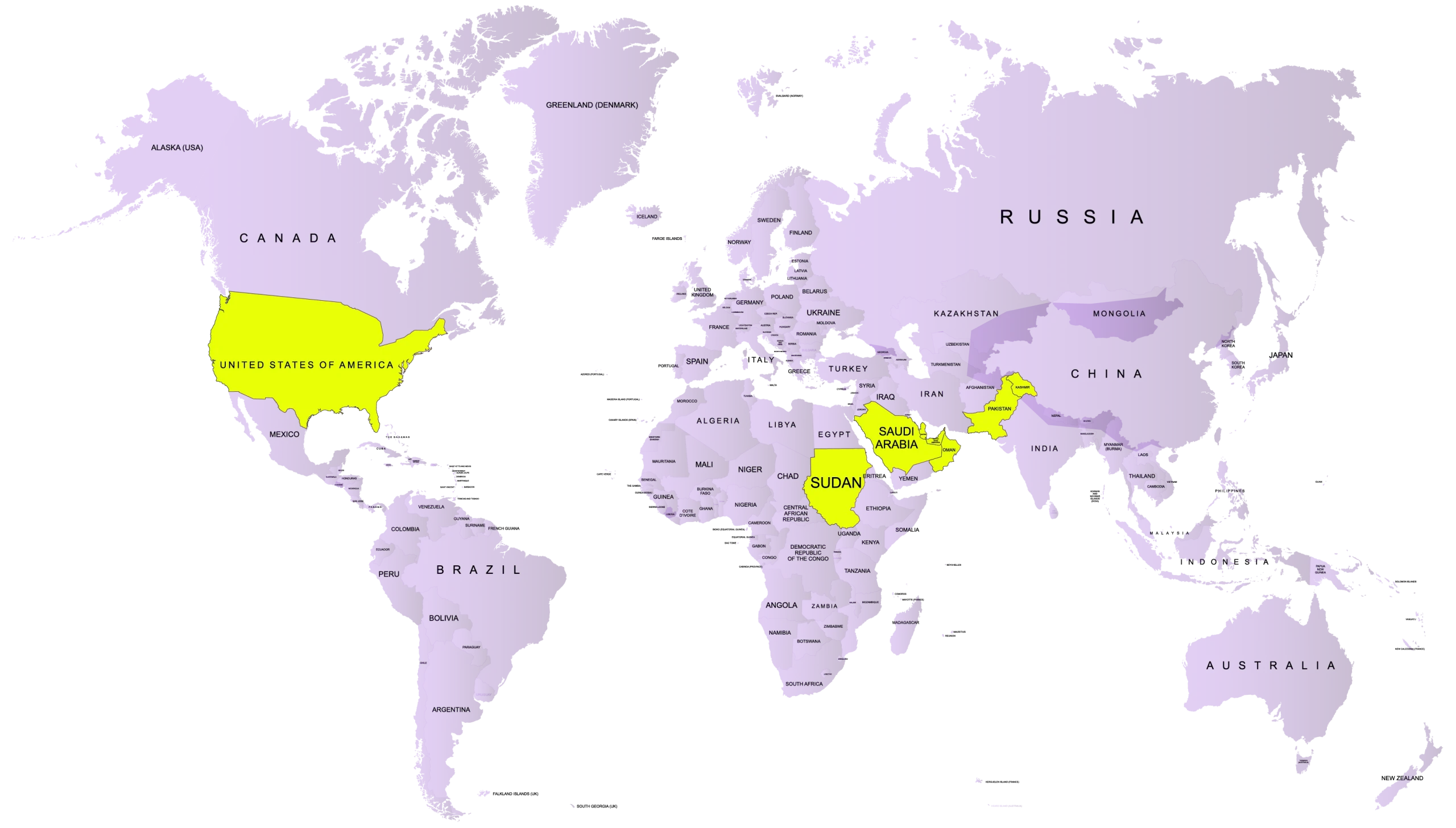 World map highlighting the United States, Sudan, Saudi Arabia, and Honduras in yellow against a purple background.