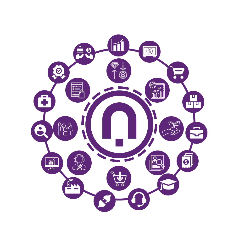 A central magnet icon is surrounded by various business and technology-related icons in a circular, purple arrangement on a black background.