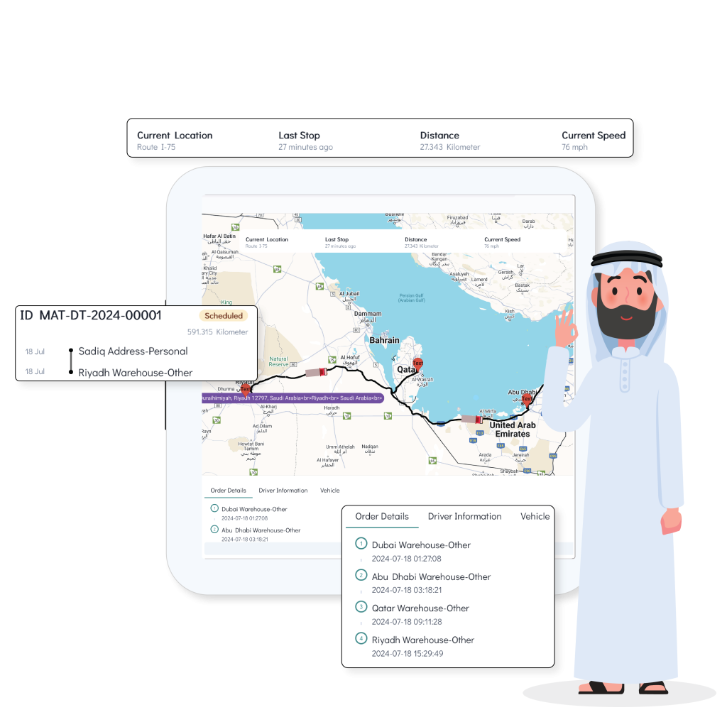 The screen shows a map of the Arabian Peninsula with a route highlighted from Saudi Arabia to the United Arab Emirates.