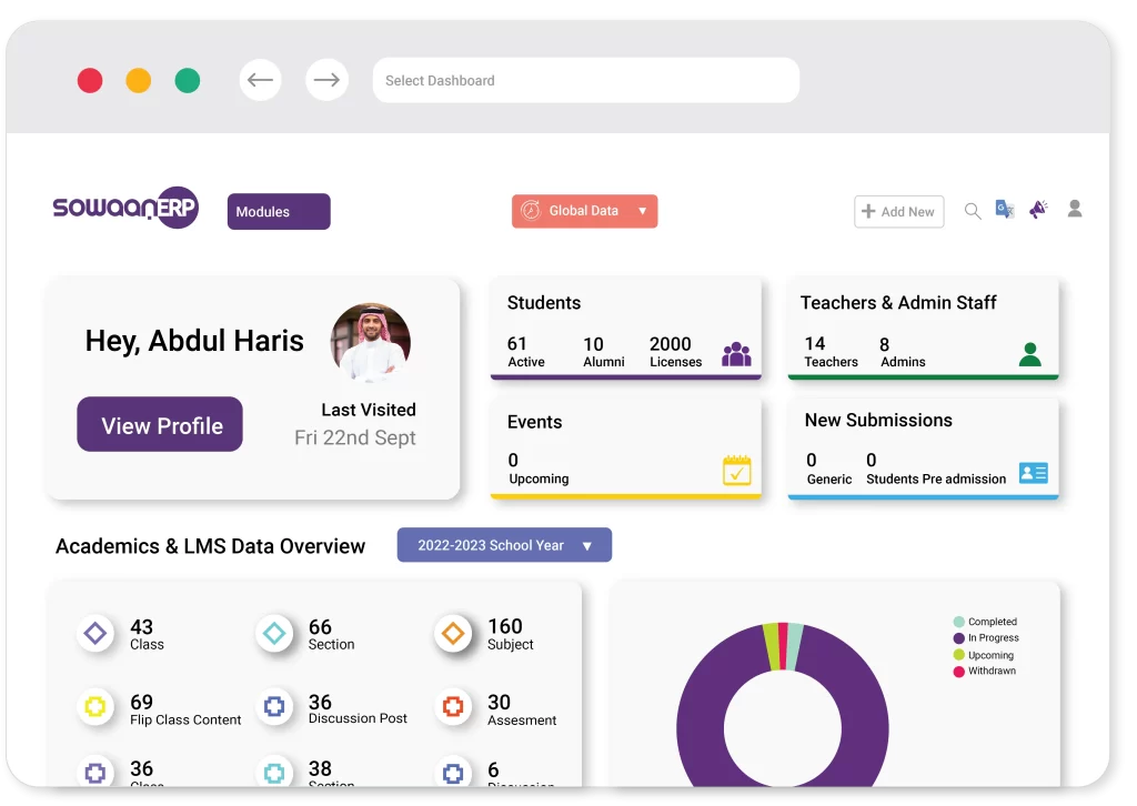 Admin portal interface in ERP school management software.