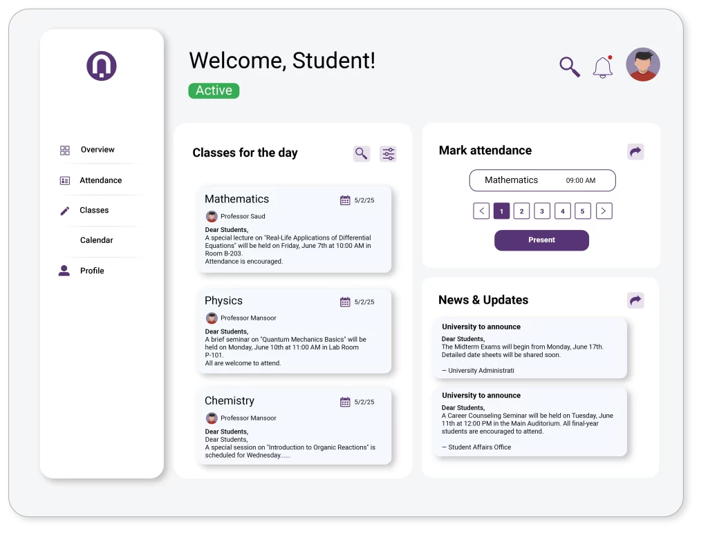 Student portal dashboard in education ERP system.