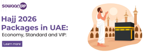 An advertisement for Hajj 2026 packages in the UAE featuring an illustration of a pilgrim in Ihram standing before the Kaaba, offering economy, standard, and VIP options.