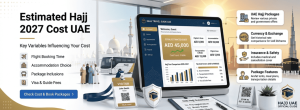 A marketing graphic or website interface promoting "Estimated Hajj 2027 Cost UAE packages.